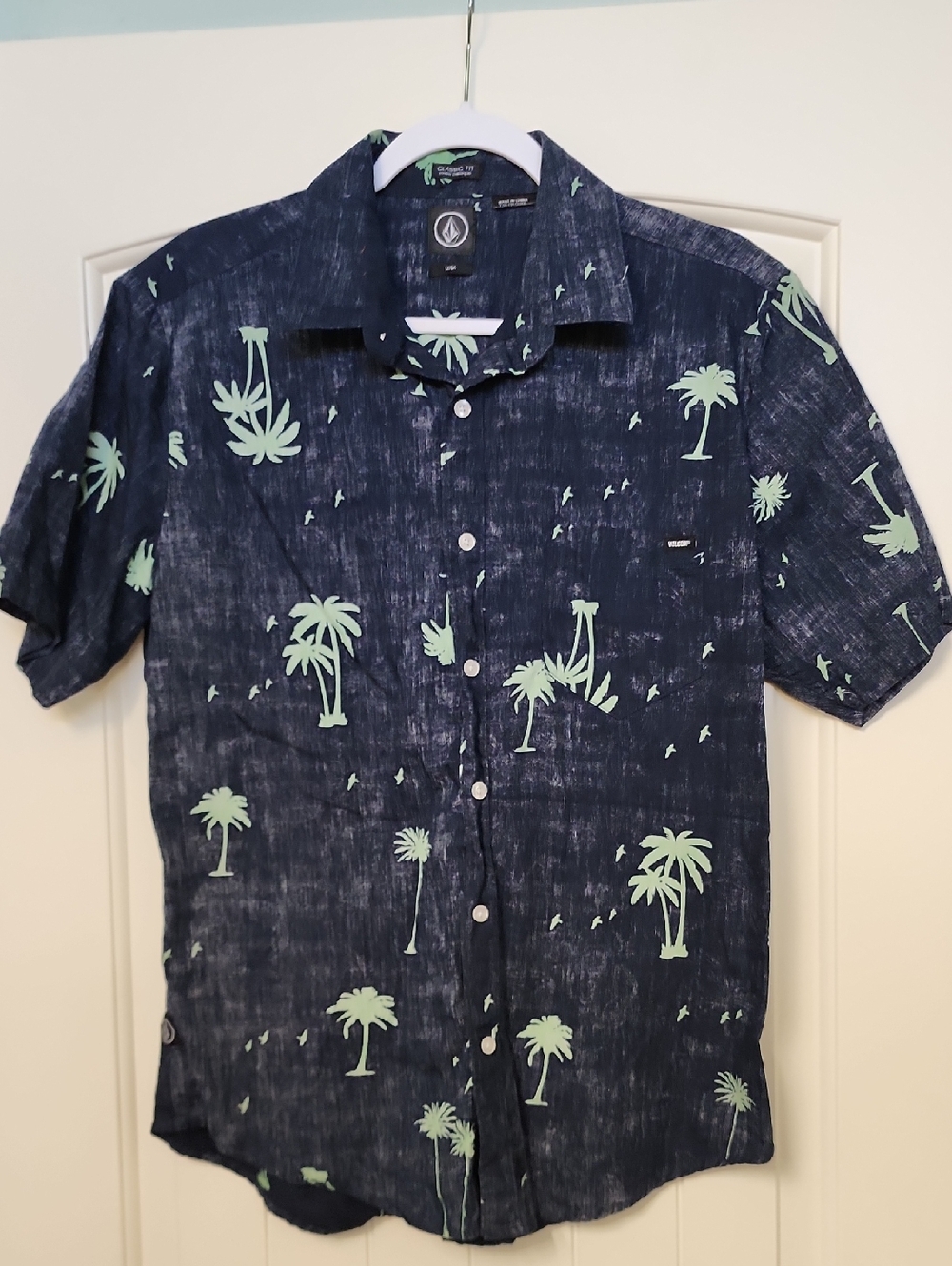 Volcom Navy Short-Sleeve Button-Down with Mint Palm Print